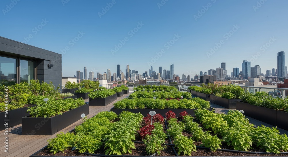 Fototapeta premium A vibrant rooftop garden flourishes atop a modern city building, offering a sustainable green space with a stunning urban skyline view under a clear blue sky.