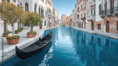 A traditional wooden boat floating gently along a narrow canal in Venice, golden hour lighting, reflections in the water, historic architecture 