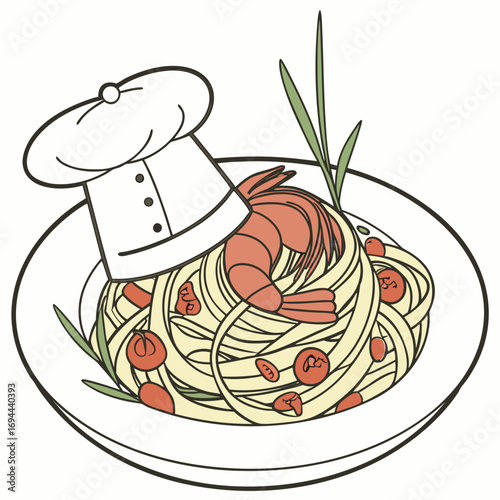 Delicious pasta plate illustration with fresh shrimp, tomatoes, and herbs. A chef's hat symbolizes gourmet cooking, representing fine Italian culinary art
