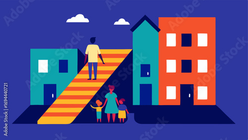 FamilyFriendly Access An illustration depicting a multifamily housing unit with ramps bright contrasting colors for visibility and a family with children entering together.