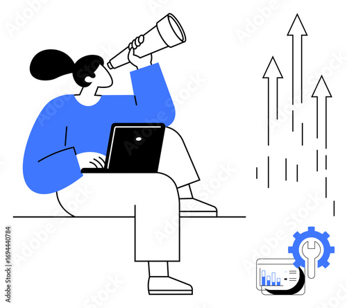 Person with a laptop looking through a telescope, arrows symbolizing growth, analytics chart with settings icon. Ideal for business strategy, future planning, analytics, innovation, market research