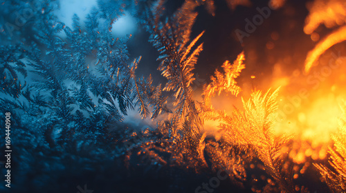 abstract crystallized ice fractals in luminous blue blending with molten orange glow cold versus warmth