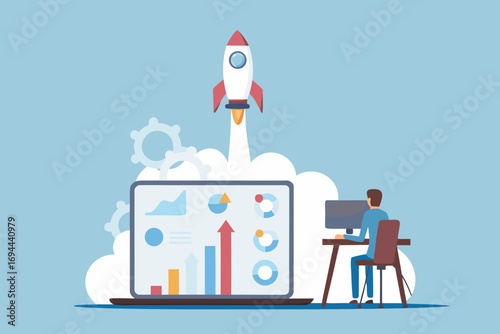 Man working on computer launching rocket with business growth charts and data analytics