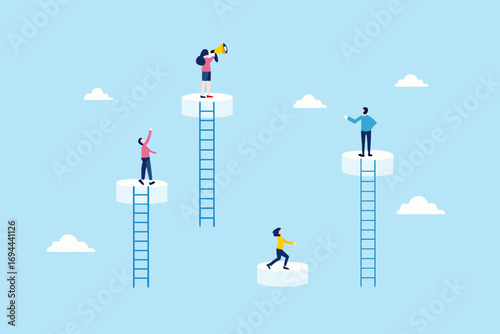 Diverse group of people climbing ladders to reach different platforms in the sky symbolizing career growth and opportunity