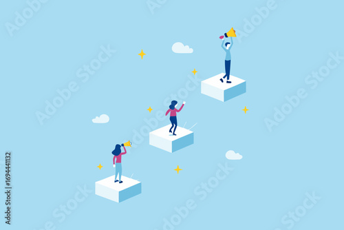 Diverse people standing on elevated platforms announcing with megaphones and looking towards future goals