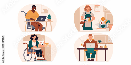 Diverse people working and living in modern homes including individuals in wheelchairs and those with disabilities