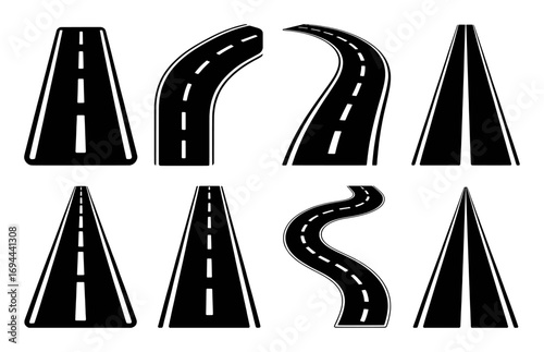 Collection of Stylized Black and White Road Icons with White Dashed Lines