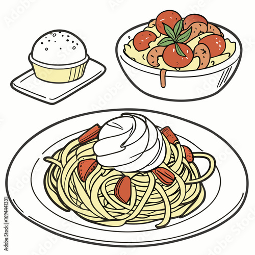 Delicious Spaghetti Dish with Creamy Topping and a Bowl of Pasta