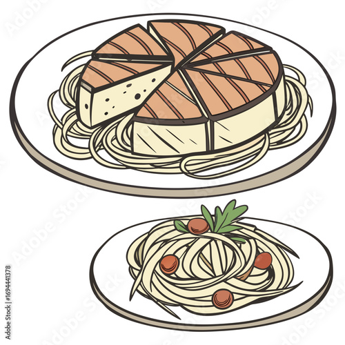 Conceptual illustration of two pasta dishes grilled savory item on spaghetti, and classic spaghetti with tomatoes, a versatile food concept
