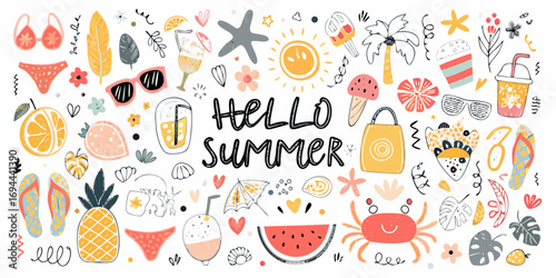 Vibrant hello summer collection featuring beach essentials and tropical elements