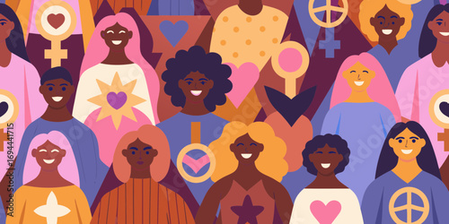 Diverse group of smiling women with symbols of equality and empowerment celebrating together