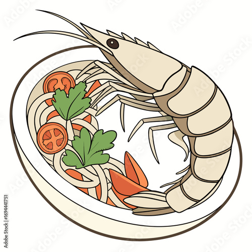 A delicious shrimp dish with vegetables served on a plate, perfect for culinary and food-related content
