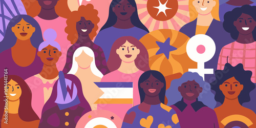 Diverse group of women celebrating together with symbols of empowerment and unity