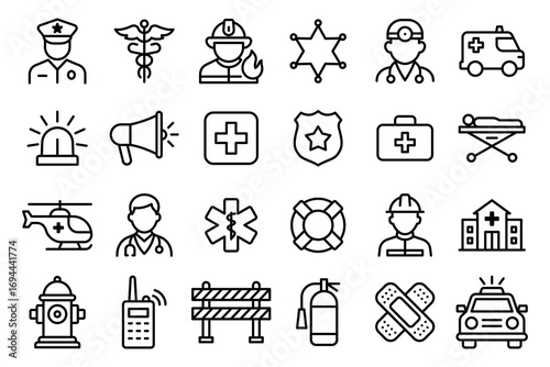 A collection of black and white icons for various professions and services. The icons include a police officer, a firefighter, a doctor. vector. Editable stroke.