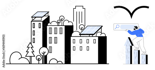 Urban buildings with solar panels, greenery, a person searching online via a magnifying tool. Ideal for sustainability, technology, urban planning, clean energy, innovation, research digital