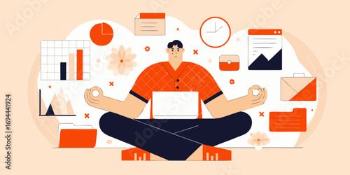 Man meditating with laptop and business analytics graphics in a calm workspace