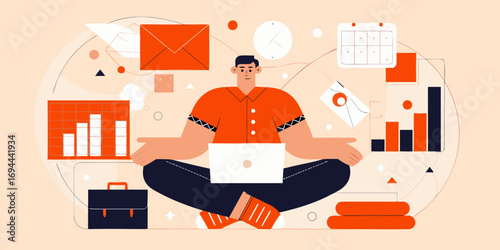 Man meditating with laptop surrounded by business icons symbolizing productivity and organization