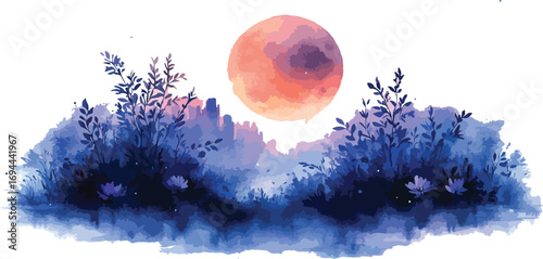 Abstract blue watercolor background of a full moon in a dark night sky with stars