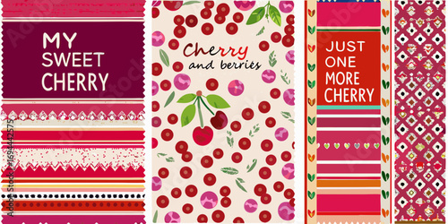 Vibrant cherry and berry designs with decorative borders and text