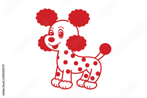 Red spotted puppy with puffy ears shows tongue and stands against the white backdrop