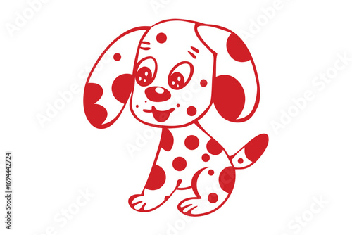 Red spotted puppy with floppy ears standing joyfully on a white backdrop shines