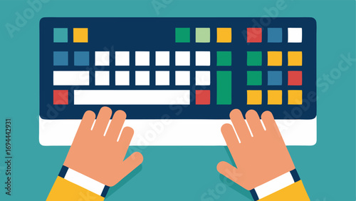 Adaptive Keyboard A closeup of a unique keyboard with large colorcoded keys in a workplace setting with a hand hovering above it ready to type.