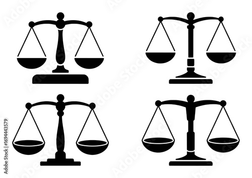 Four Black Silhouette Icons of Justice Scales on White Background
