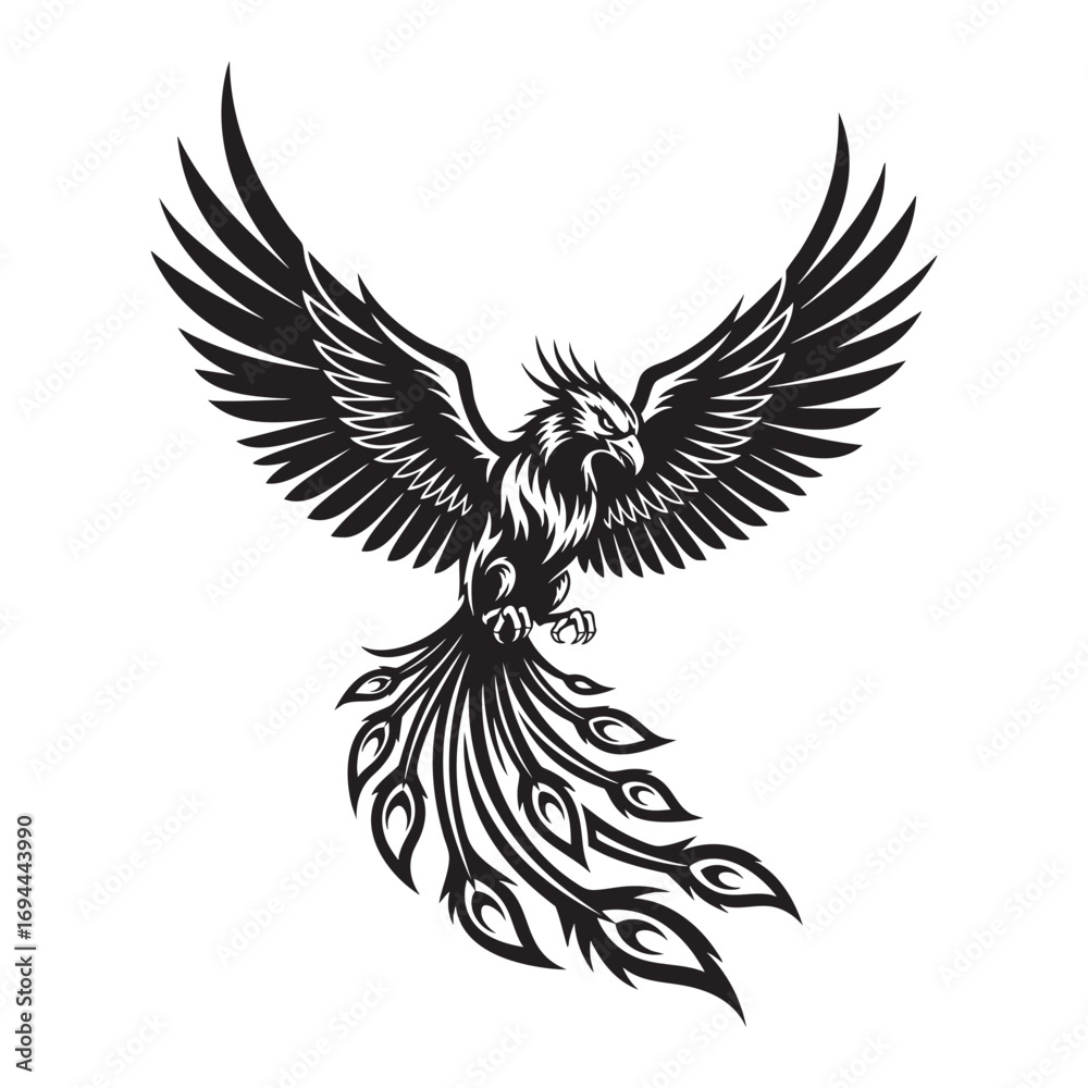 Obraz premium Flying Phoenix Bird with Elegant Tail Feathers Mythical Silhouette Design