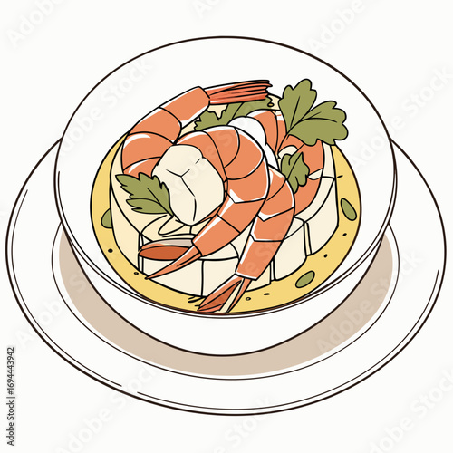 A clean, simple vector illustration of a healthy Asian seafood soup featuring shrimp and tofu cubes, garnished with fresh herbs, isolated on a white background