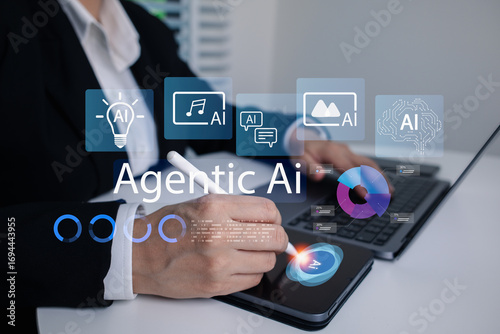 AI-Powered Data Protection concept, Businessman showing a glowing digital globe between AI and padlock icons.