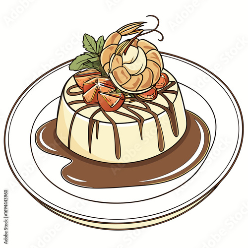 Delicious dessert with shrimp, tomatoes, and chocolate sauce on a plate, elegantly garnished with mint leaves and a drizzle of chocolate