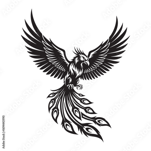 Flying Phoenix Bird with Elegant Tail Feathers Mythical Silhouette Design