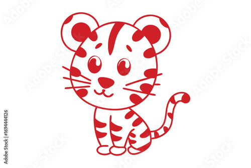 Red stylized tiger cub sitting, featuring charming spots and adorable whiskers on white backdrop