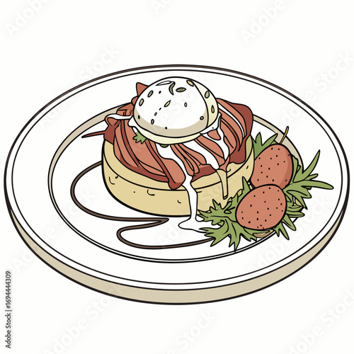 A beautifully illustrated gourmet breakfast plate featuring a classic poached egg dish with savory meat and fresh fruit garnish