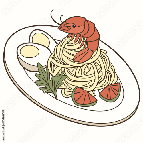 A savory plate of Asian noodles topped with a succulent shrimp, accompanied by boiled eggs and a fresh garnish, in a clean illustration style