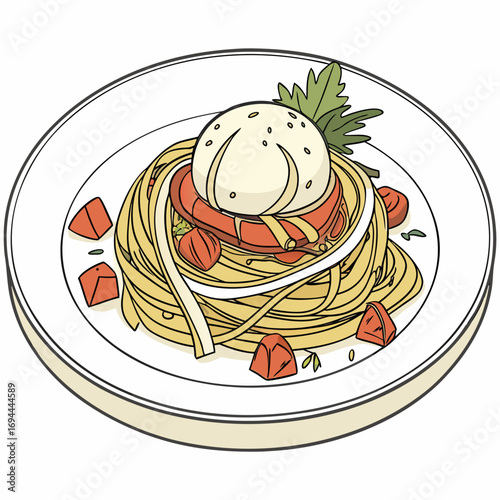 A delectable illustration of a classic Italian spaghetti dish topped with creamy burrata, fresh tomatoes, and parsley for a gourmet dining experience