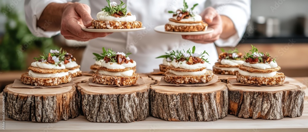 Naklejka premium Skilled chef hands presenting delicate textured gourmet food layers, meticulously arranged on natural wood pedestals. An innovative kitchen display.