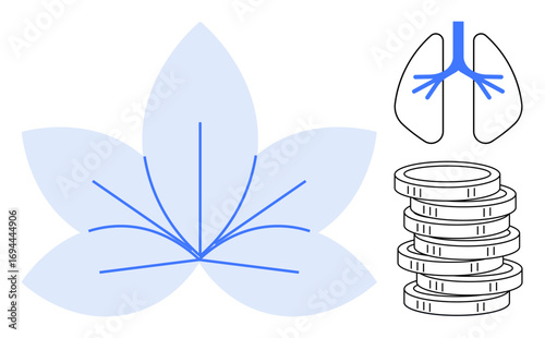 Abstract leaf with vein pattern, lung structure, and stacked coins representing health, nature, economy, and balance. Ideal for wellness, savings, sustainability healthcare environment investment