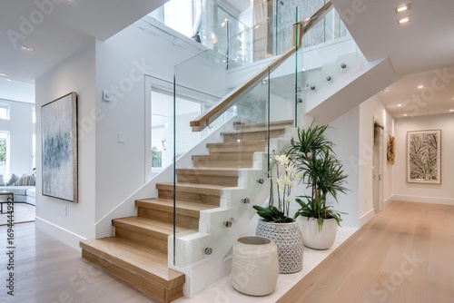 A beautifully designed staircase features wooden steps and glass railings in a bright open space filled with greenery