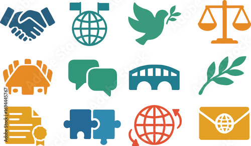 Diplomacy 16 Solid Color Icon Set Collection on White Background