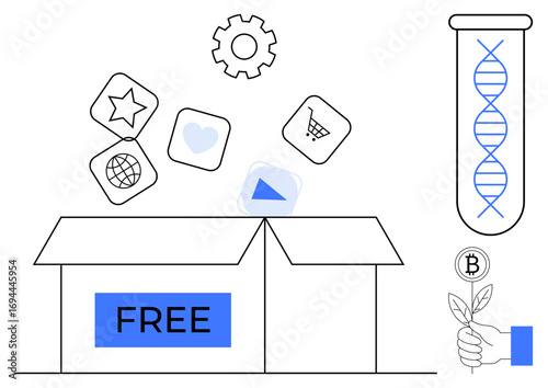 Box labeled FREE releasing icons, DNA strand in test tube, Bitcoin leaf in hand. Ideal for innovation, technology, science, genetics, cryptocurrency eco-awareness creativity metaphors. Simple flat