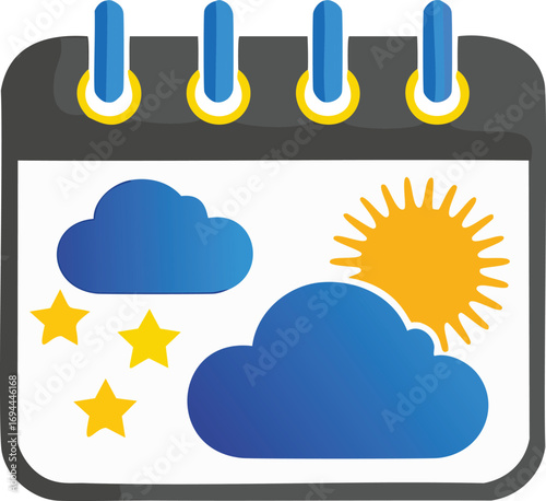 Blue clouds yellow sun and stars on a calendar page weather forecast