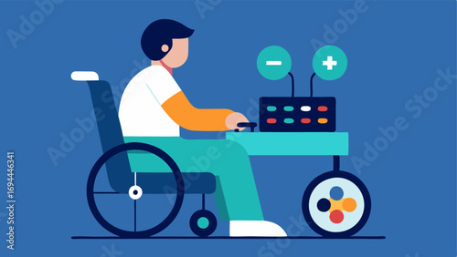 Adaptive Controller Usage An illustration of a gamer in a wheelchair happily using a large adaptive game controller with various buttons and switches within easy reach.