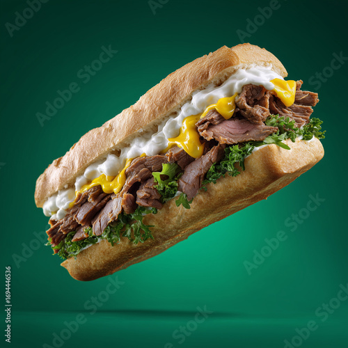 Beef Sandwich with Sauce on Green Background
