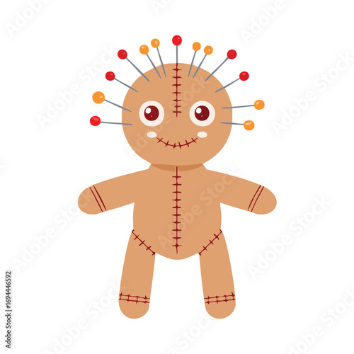 Cartoon voodoo doll with pins stitched