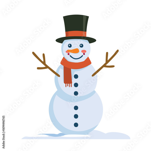 Cheerful snowman wearing black hat and orange scarf winter character