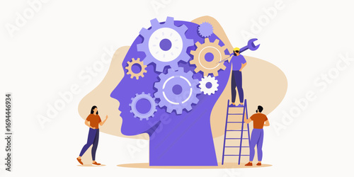 Team of people working together to build and repair a giant human head with gears inside representing the mind
