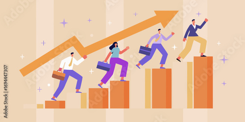 Diverse business professionals climbing upward on a bar graph with an arrow indicating growth and success