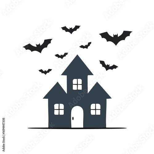 Dark haunted house with flying bats spooky