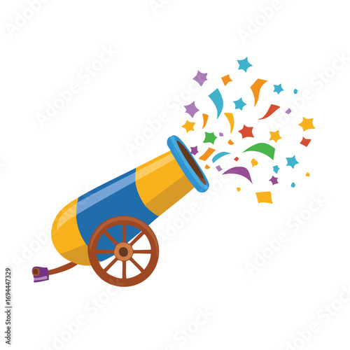 Festive cannon firing colorful confetti and stars celebration party